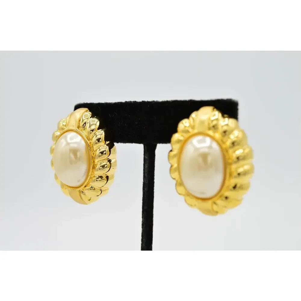Vintage Clip On Earrings Brushed Gold Chunky Oval Pearl Chunky Signed 1980s 9L